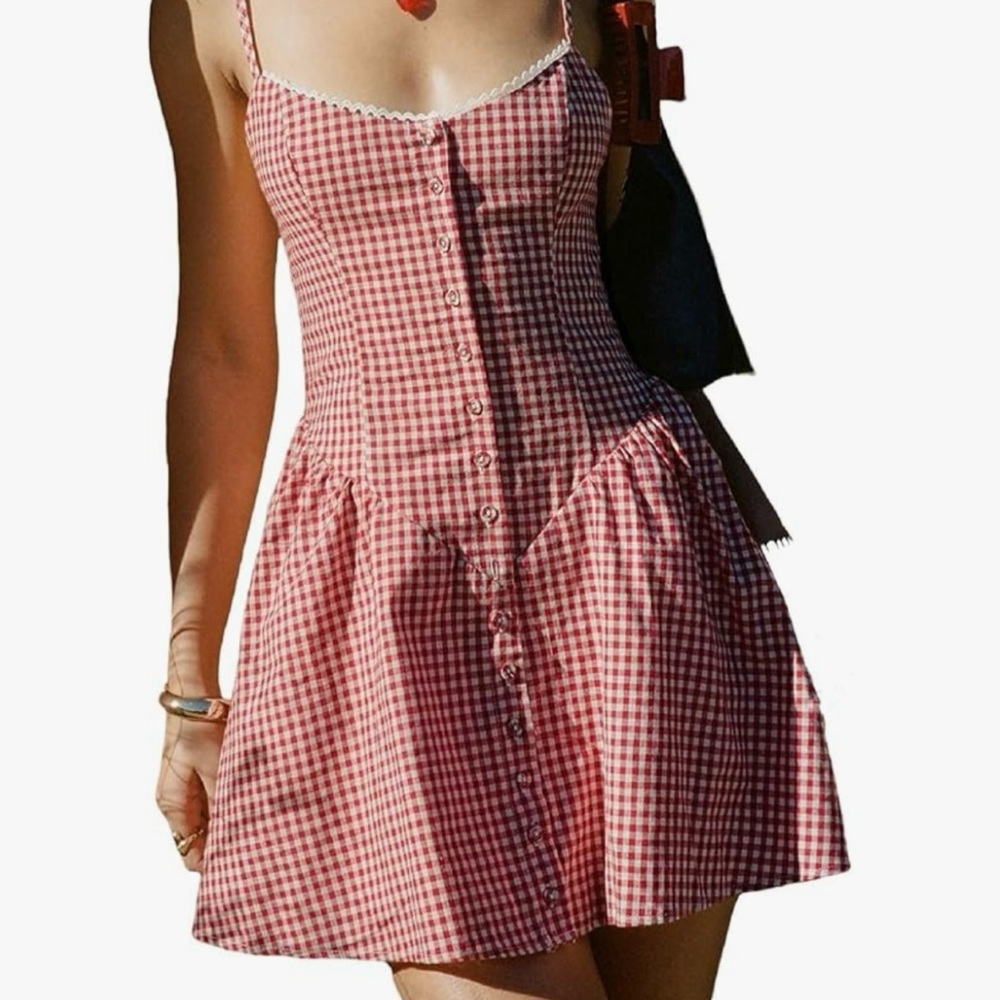 Gingham Spaghetti Strap Dress with Sweetheart Neck